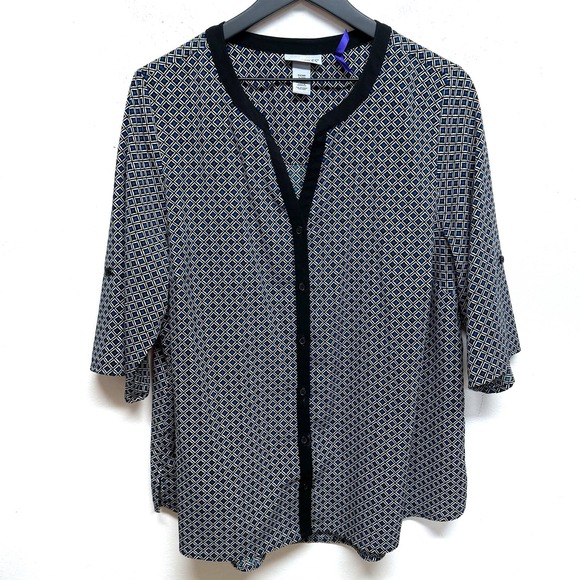 Catherines Geometric Blouse Womens 0X petite 14/16 blue white Black 3/4 Sleeve - Picture 1 of 8